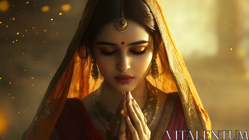Serene Indian Woman Praying in Warm Golden Light, Artistic Portrait.