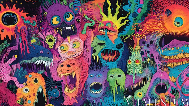 Neon grotesque monster swarm in psychedelic chromatic chaos.