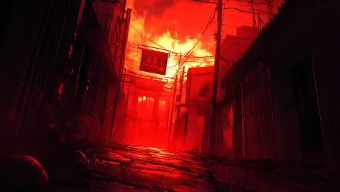 Infernal alleyway under burning neon dusk skyscape.