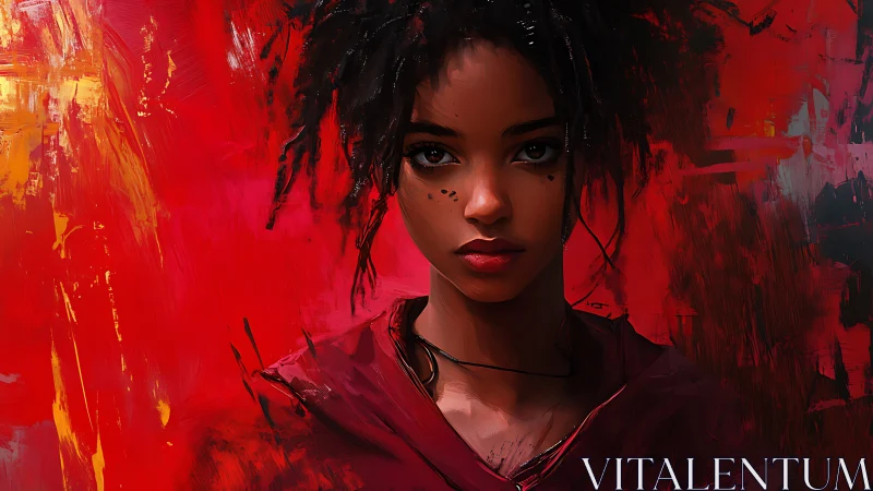 High-contrast digital portrait with textured red abstract background