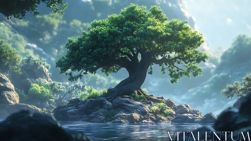 Solitary riverside tree amid misty rocky valley landscape.