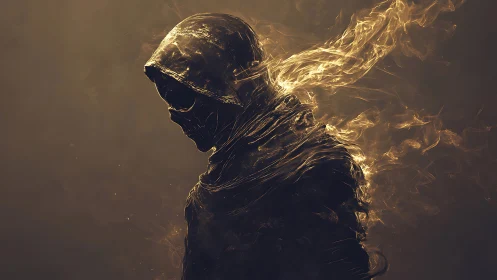 Hooded skeletal wraith rendered with molten smoke and rim lighting