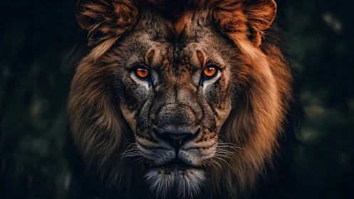 Powerful male lion portrait with intense golden eyes.
