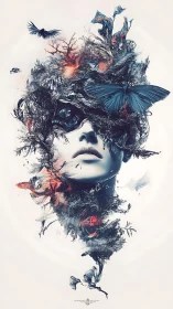 Surreal female portrait merges organic chaos, smoke and butterflies