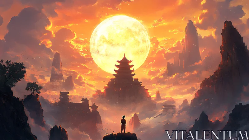 Luminous lunar pagoda citadel framed by stratified mist peaks.