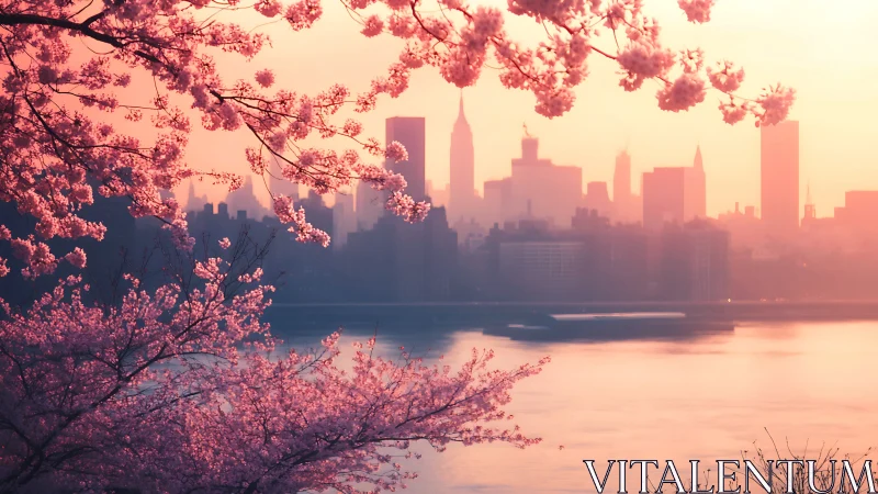 Cherry blossoms frame a tranquil spring city sunrise.