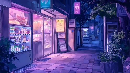 Neon-tinted corner shop hums softly through the blue night