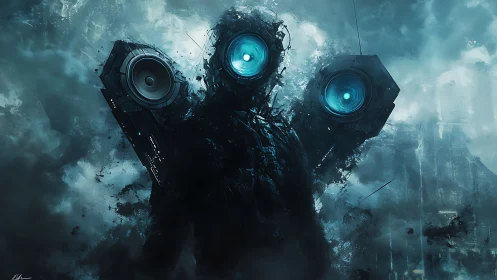 Mechanical figure with three speaker eyes in misty ruins.