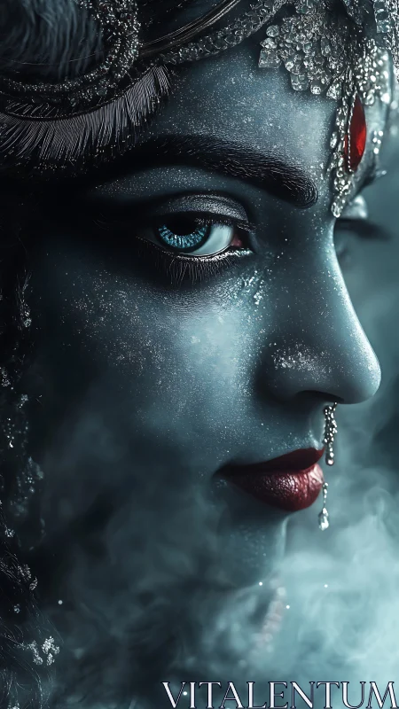 Icy blue goddess portrait with jeweled headdress and misted profile