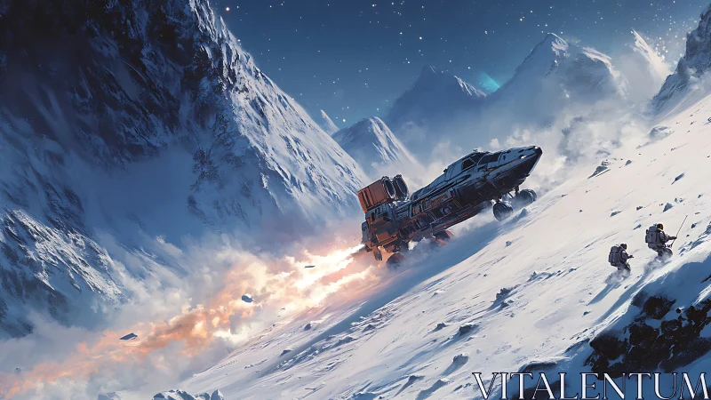 A Spaceship Escapes Through Icy Mountain Peaks.