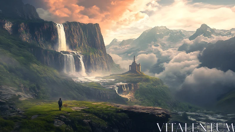 Solitary traveler before misty waterfalls and mountain temple.