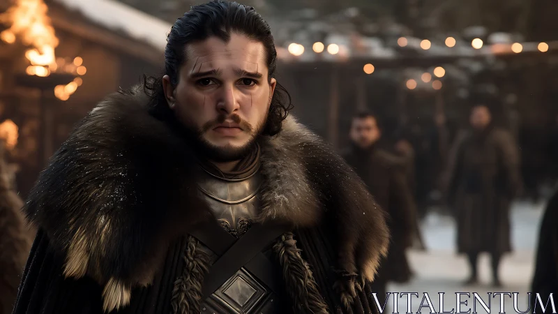 Medieval-clad man in fur cloak in snowy outdoor setting.