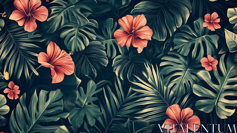 Hibiscus blooms emerge across layered tropical foliage pattern