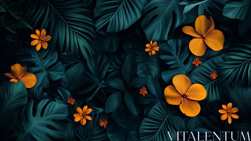 Orange flowers against dark teal foliage composition.