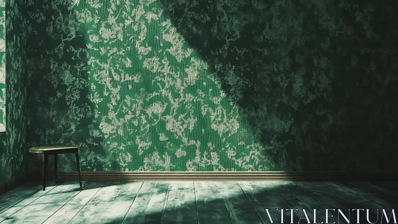 Sunlit green textured wall with single wooden stool