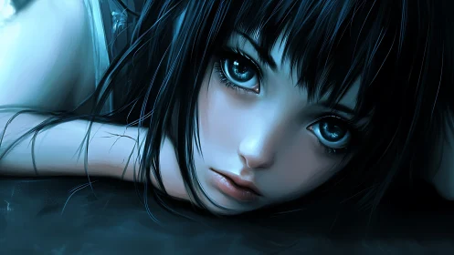 Girl lies on dark surface with oversized reflective eyes