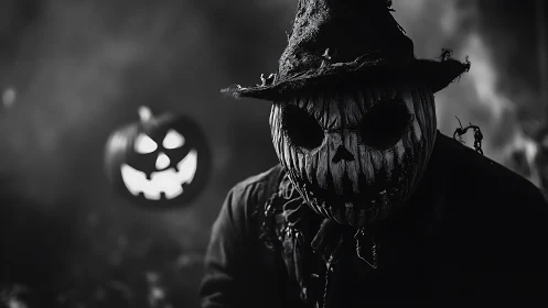Monochrome scarecrow jack o lantern portrait in dense fog.