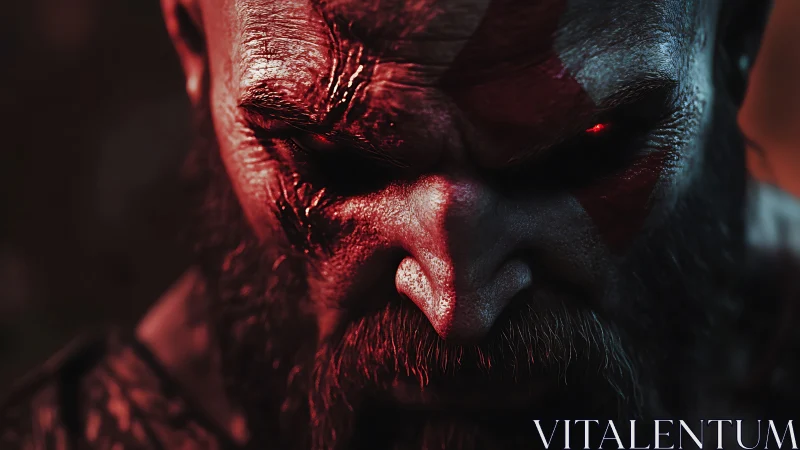 Close frontal view shows digitally rendered bearded figure