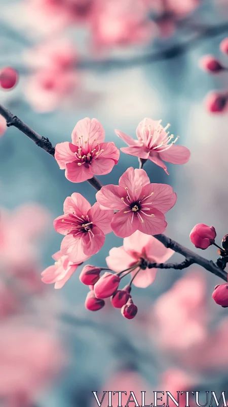 Pink Cherry Blossoms on Dark Branch Against Blue Sky