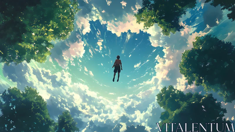 Lone figure ascends through glowing sky framed by trees