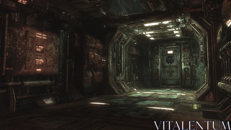 Rusty starship corridor waits quietly for brave explorers