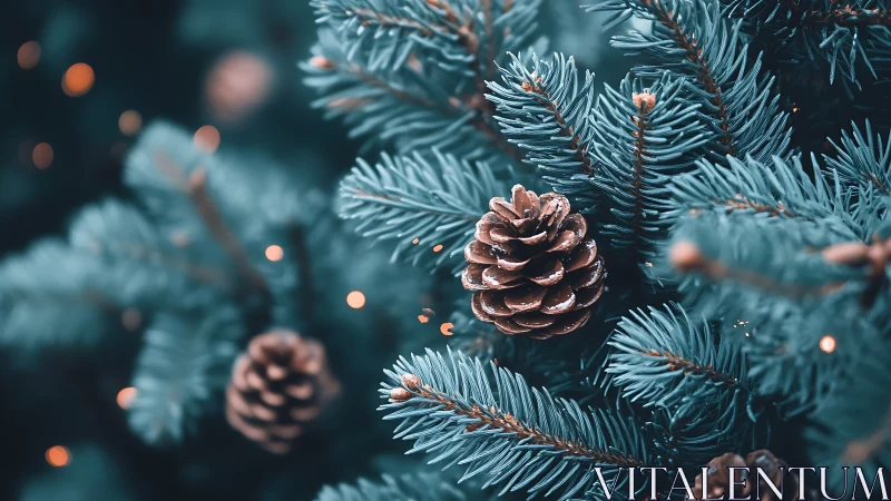 Frosted pine cones nestled in teal winter evergreen boughs.