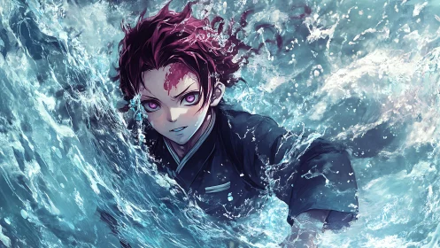 Anime character moves through turbulent stylized water effects
