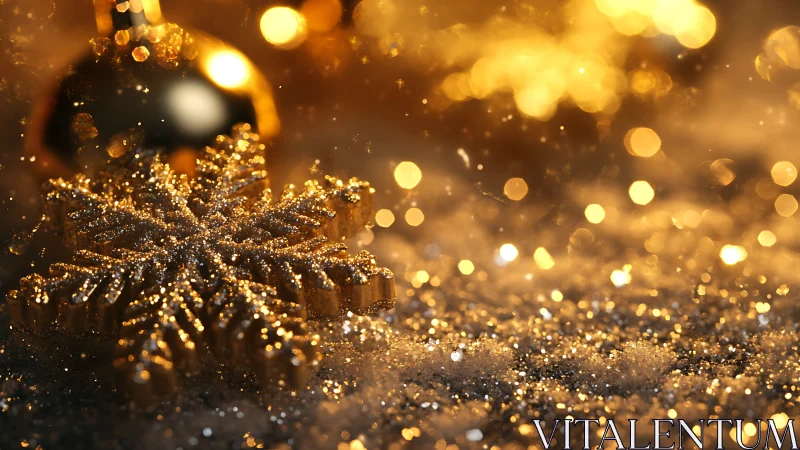 Golden glitter snowflake ornament on festive background.