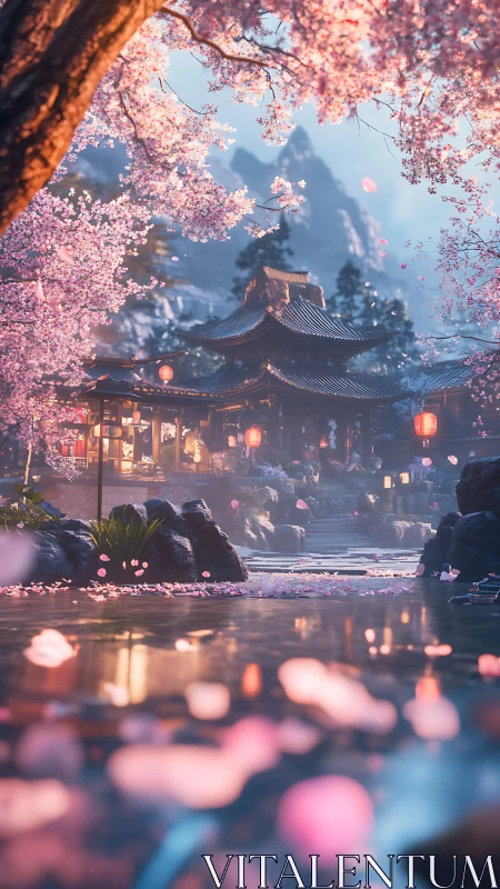 Cherry blossom garden framing lantern lit temple at dusk