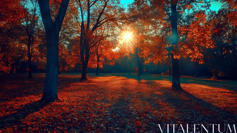 Sunlit autumn forest with long tree shadows in park.