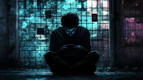 Brooding young man lit by phone in neon blue decay