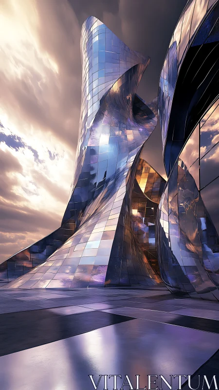 Twisting mirrored tower reflects storm sky over metallic plaza