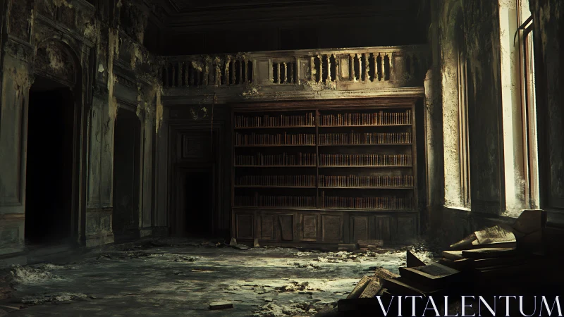 Abandoned library hall glows with dusty, fading daylight