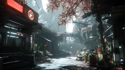 Cyberpunk alley with overgrown foliage and red neons.