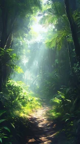 Forest canopy pathway with directional sunlight through vegetation.