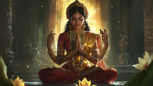 Divine Indian goddess meditating in golden temple light.