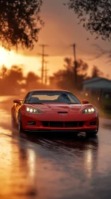 Red sports car drives wet suburban street at sunset