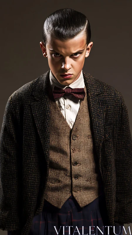 Young person in vintage formal clothing facing camera.