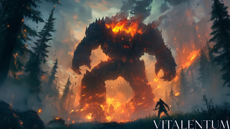Colossal flaming golem confronts lone warrior in burning forest