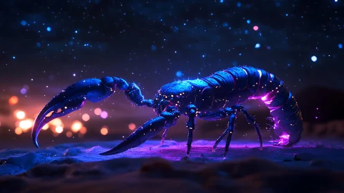 Bioluminescent scorpion under neon night sky on sand.