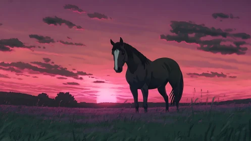 Solitary horse stands in foreground against stylized sunset sky
