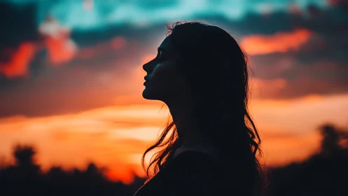 Silhouetted female profile against vivid sunset gradient sky.