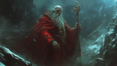 Ancient red-robed mage strides through storm-lashed icy ravine