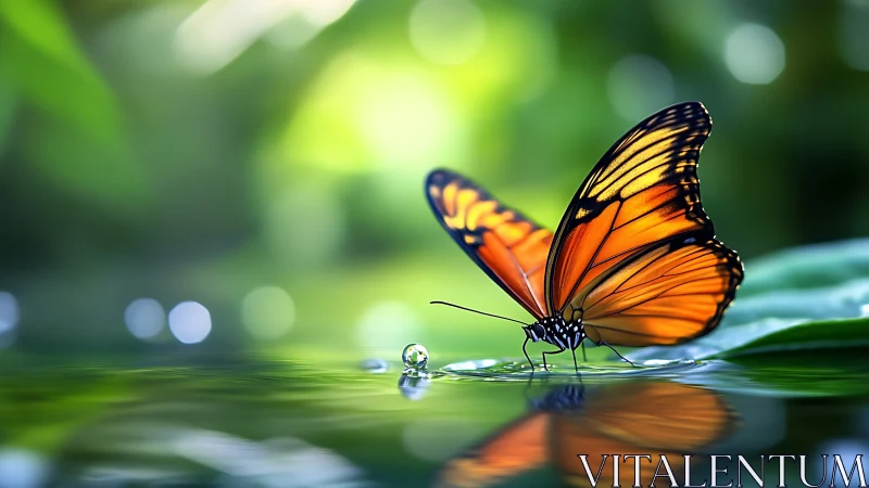 Radiant orange butterfly poised on reflective water surface.