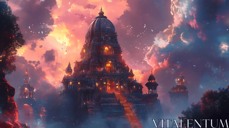 Luminescent stepped temple under dramatic nebula-lit sky