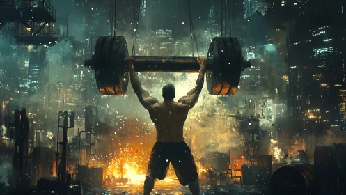 Powerlifter silhouetted in burning cyberpunk cityscape.