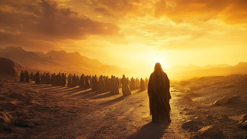 Cinematic desert procession under radiant golden sunset light.