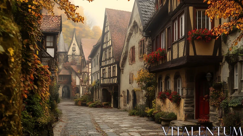 Medieval cobblestone street with autumn half-timbered houses.