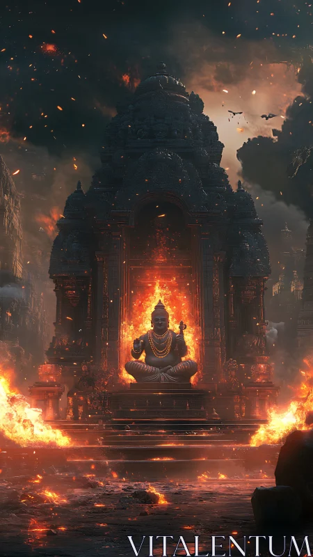 Temple of embers and calm amidst swirling cosmic fire.
