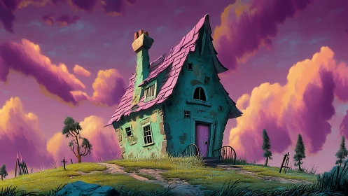 Whimsically skewed cottage under saturated magenta cumuliform sky.